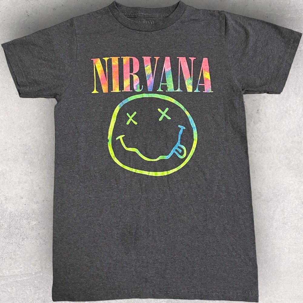 Nirvana‎ Dark Gray T-Shirt colorful Smiley Face Logo size Extra Small Unisex XS